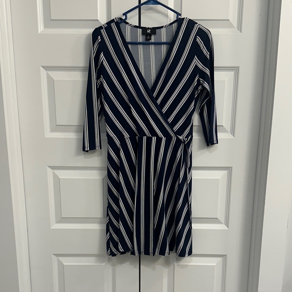 Super Stretchy Striped V-Neck Dress -Ties in Front - Navy and White